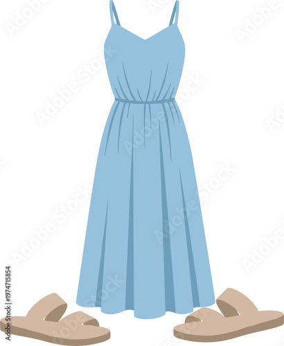 Light blue sundress and beige slides flat lay.