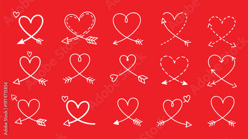 Horizontal cupid arrow icons with heart centers and varied fletching for creative valentine day motifs