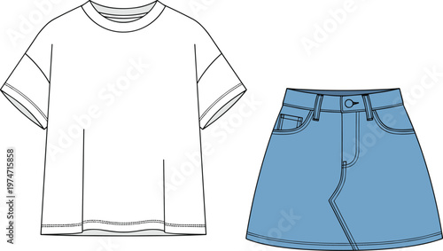 Casual t shirt and denim skirt fashion flat lay.