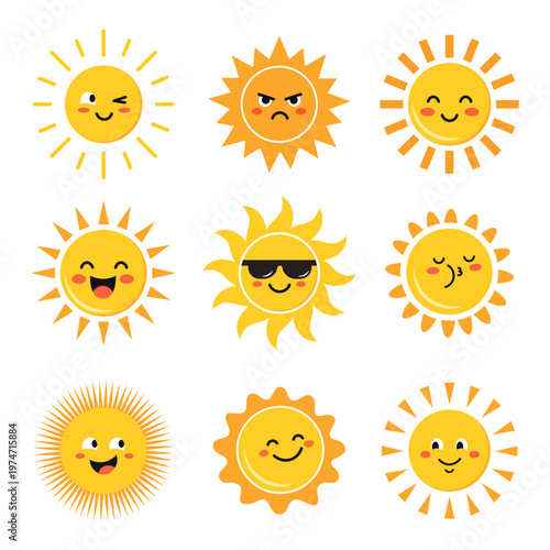 Collection of cute cartoon sun icons with various facial expressions and styles. Bright yellow smiling suns with different emotions, isolated on light background.