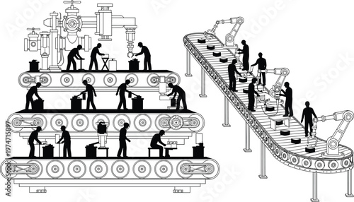 Workers and robots on conveyor belt in industrial factory setting.