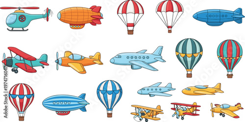 Collection of various airplanes blimps hot air balloons and helicopters.
