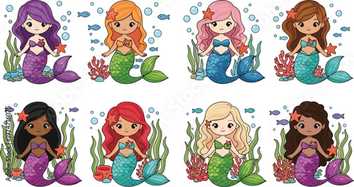 Group of adorable cartoon mermaids with colorful tails and hair undersea.