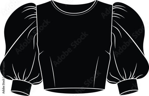 Black silhouette of a stylish blouse with puff sleeves and rounded neckline.
