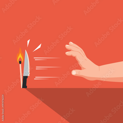 A small child's hand reaches toward a sharp knife and a burning match against a bold red background. This striking illustration warns against common household dangers for curious toddlers.