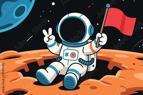 Astronaut Sitting on the Moon Carrying a Flag Illustration Creative Design Template Background