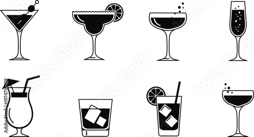 Elegant cocktail glasses icon set vector illustration for bars restaurants and beverage designs