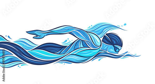 Modern swimmer with dynamic water flow effect. Clean vector style emphasizing motion and energy in sports.