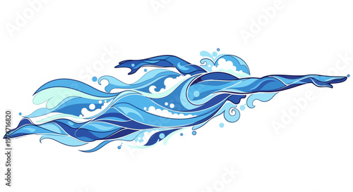 Creative swimmer illustration blended with water wave elements. Artistic and dynamic concept for aquatic sports design.