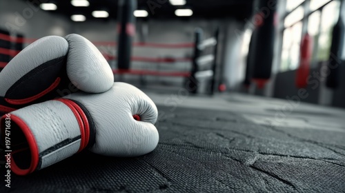 Boxing gloves on gym floor with blurred punching bags in a modern training facility for fitness and sports enthusiasts
