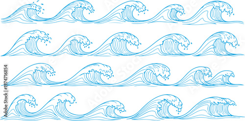Water line waves. Sea wave with splashes, blue ocean wavy decorative shapes. Water linear marine decoration. Abstract aqua, liquid flow simple graphics, nautical oceanic surf symbols vector