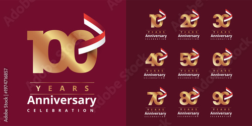 Set 10 20 30 to 100 years anniversary gold number with ribbon red and white illustration template design 