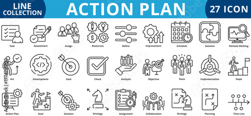 Action plan icon set outline style icon set collection vector illustration