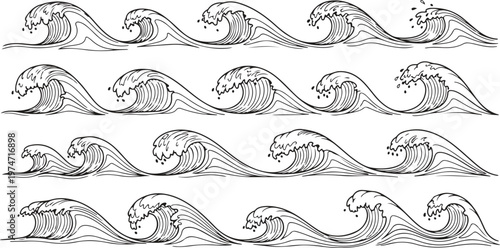 Water line waves. Sea wave with splashes, blue ocean wavy decorative shapes. Water linear marine decoration. Abstract aqua, liquid flow simple graphics, nautical oceanic surf symbols vector