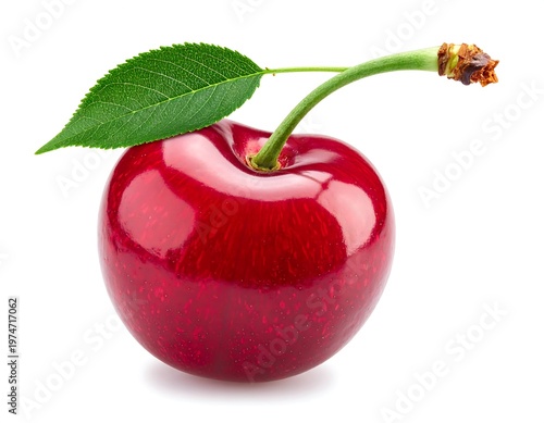 A single, shiny red fruit with a green stem and leaf against a pure white background. The fruit appears perfectly ripe and vibrant