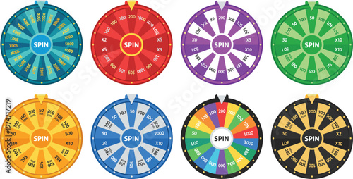 Collection of colorful wheel of fortune icons with spin button and prize segments for game UI and promotional marketing rewards vector.