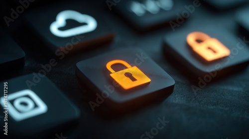 Close-up of Digital Security Icons with a Focus on a Bright Orange Lock Symbol Among Black Buttons on a Dark Background
