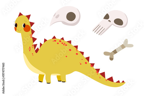 Yellow cute dinosaur with red spots and bones. Perfect for first birthday party for boys. Ideal for children book illustration and nursery art