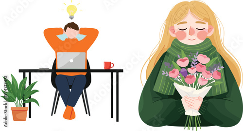 Vector illustration set featuring a creative professional man working at a desk with an idea lightbulb and a girl holding a flower bouquet.