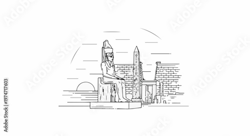 Ancient Egyptian monument with seated king and obelisk at sunset