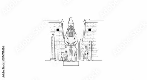 Ancient Egyptian statue of pharaoh with obelisk, pyramids, and hieroglyphs