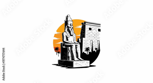 Ancient Egyptian pharaoh statue with temple facade and palm trees at sunset