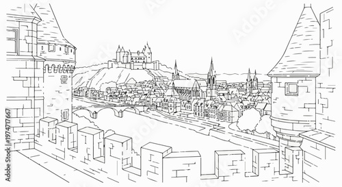 Ancient European cityscape with castle on hill overlooking river and fortified walls