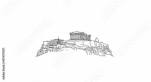 Ancient Greek ruins on a hill, rendered in a minimalist line drawing style