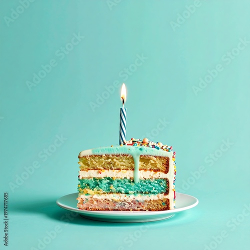 A single slice of colorful cake on a small white plate, with a lit candle, set against a teal background