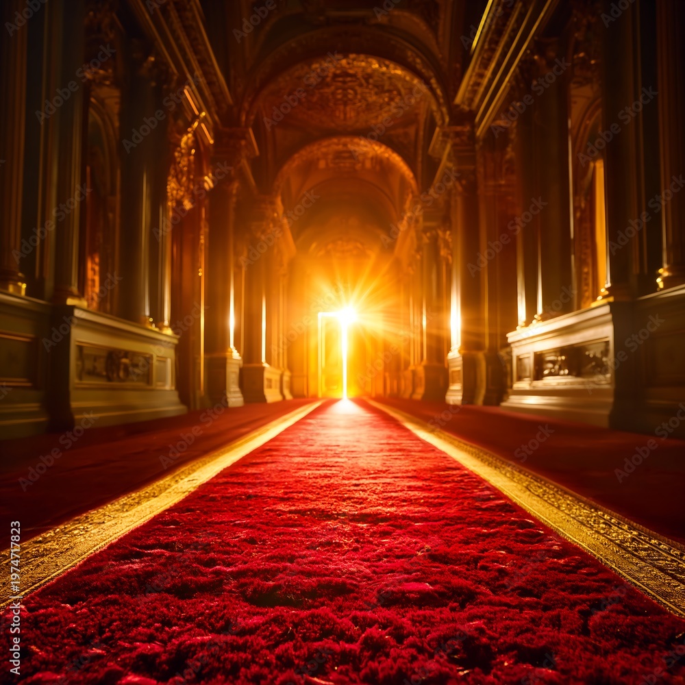 Obraz premium Red Carpet Grand Corridor with Golden Ornate Arches and Dramatic Lighting