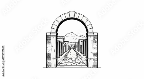 Ancient Roman street vista framed by a stone archway, mountains in background