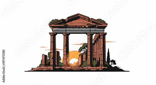 Ancient ruins with columns at sunset, overgrown with greenery