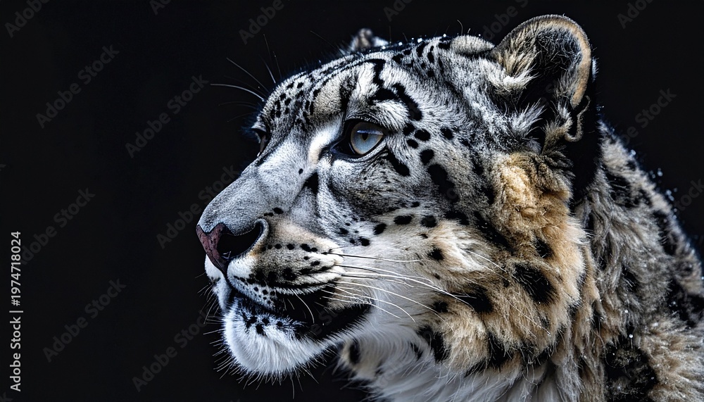 Fototapeta premium Majestic Snow Leopard Profile on Black Background.
