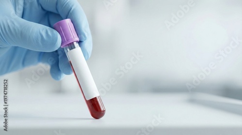 Hand holding blood collection tube on blurred background for World Blood Donor Day  