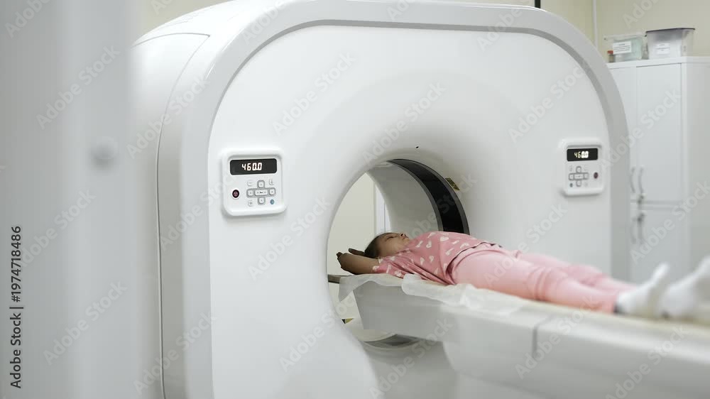 Wide view of CT scanner machine with child patient during diagnostic ...