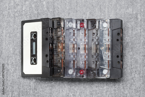 Collection of cassette tapes.  Audio cassette tape. Vintage media concept. Top view. Retro acoustic.