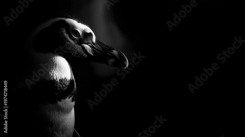 Penguin in black and white in front of a black background