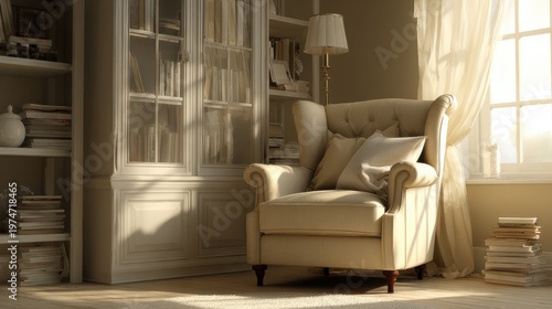 Cozy and Elegant Armchair in Brightly Lit Living Room with Bookshelf and Soft Curtains in Neutral Color Palette