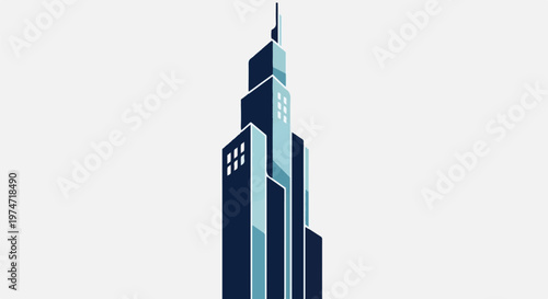 Abstract representation of a tall, multi-faceted skyscraper with illuminated windows