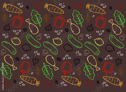 Healthy Food Seamless Pattern Hand Drawn Vegetables Line Art Background