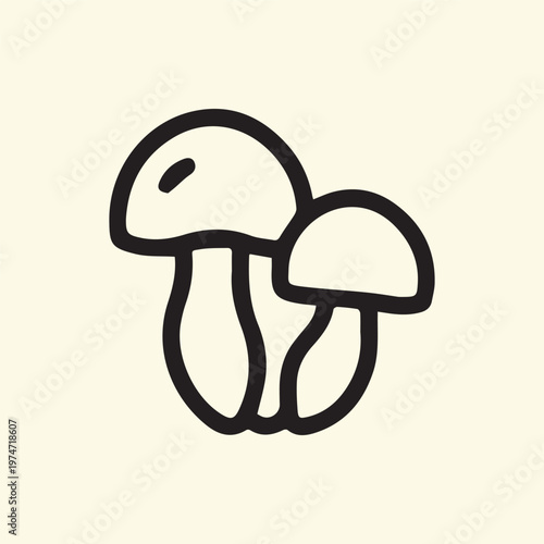 Bold Black Line Drawing of Two Woodland Fungi Mushrooms Simple Nature Icon Vector