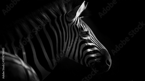 Head of a zebra in black and white on a black background