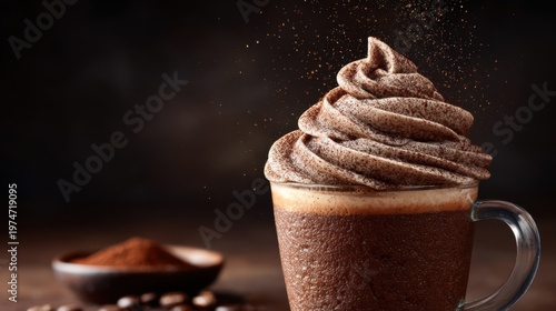 Creamy chocolate beverage topped with rich whipped foam and cocoa powder on a dark background for dessert lovers and coffee enthusiasts