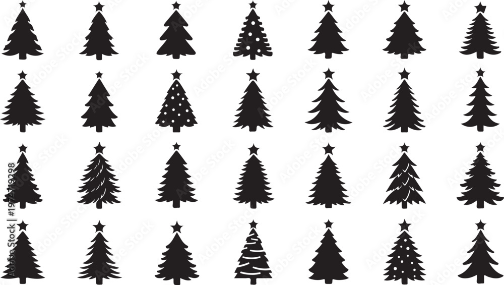 Fototapeta premium Minimal Christmas Tree Icons Set – Modern Stylized Fir Silhouette Vector