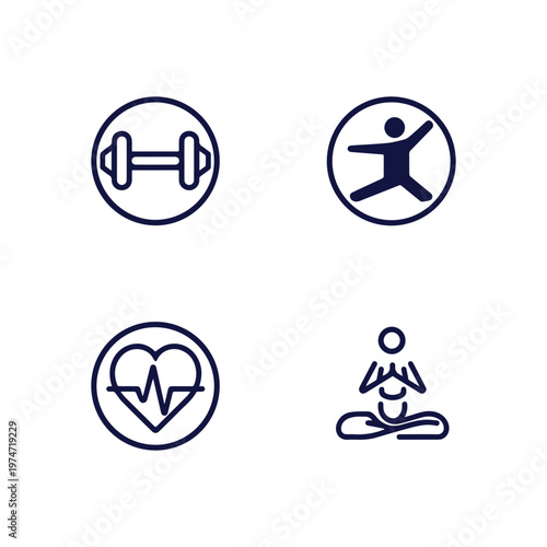 Wellbeing icons collection dumbbell exercise heart health yoga meditation