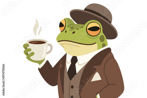 Frog in Formal Costume with a Cup of Coffee Illustration Creative Design Template Background