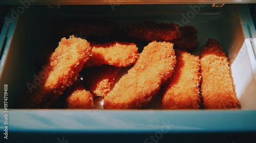 Crispy Breaded Chicken Fillets Ready for Cooking Inside a Freezer with Soft Light Illuminating the Delicious Texture