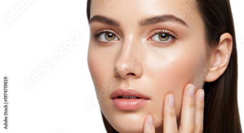 Modern realistic portrait of a woman with natural beauty and clean makeup, captured in soft lighting with minimal background