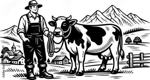 Farmer Proudly Stands With His Strong Dairy Cow, Holding Its Lead Rope in a Scenic Mountain Valley Farm, Depicting Traditional Agriculture Near a Charming Village and Lush Fields