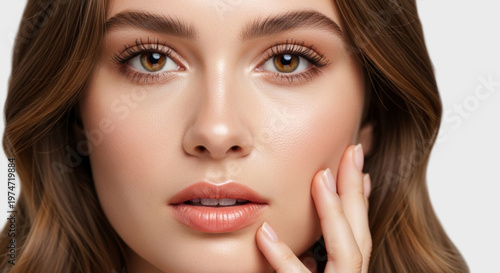 Modern realistic portrait of a woman with natural beauty and clean makeup, captured in soft lighting with minimal background